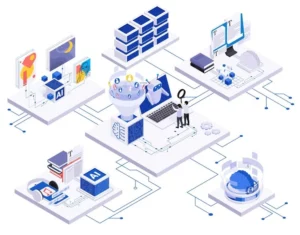 Imagem ilustrativa sobre relatórios automáticos, destacando elementos como inteligência artificial, dados, análises e processo automatizado.